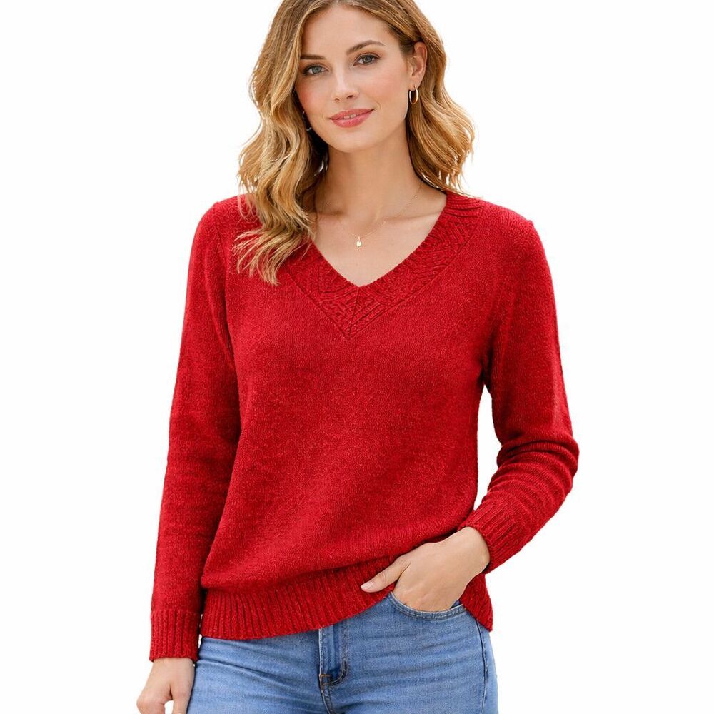 Laura Scott Sweater Womens Large Red V Neck Knit Pullover Soft Cozy Casual Top
